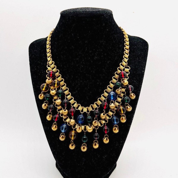 Early Miriam HASKELL Multi Colored Glass Beaded Bib Necklace Vintage Designer Jewelry