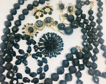 Lot of Black Costume Jewelry Rhinestones Earrings Necklaces Vintage Jewelry