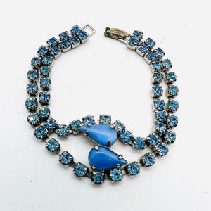 Baby Blue Moonstone Glass & Rhinestone Bracelet Silver Tone Vintage Designer Jewelry