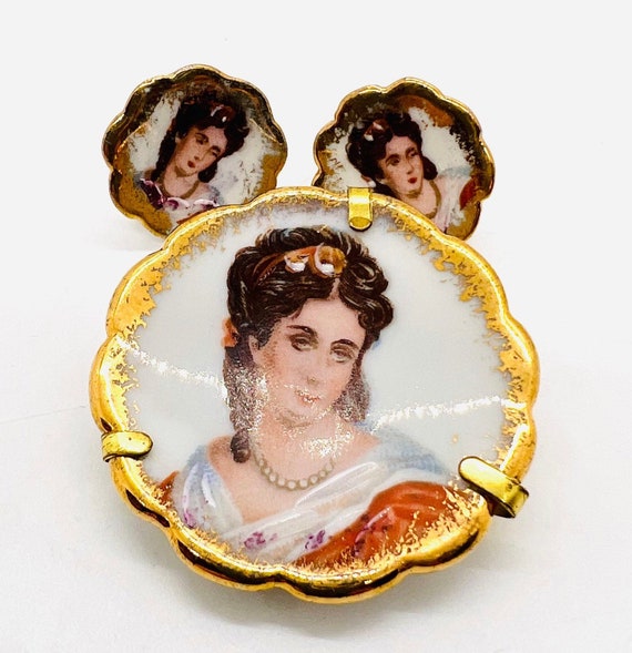 Limoges France Hand Painted Brooch & Earrings Dem… - image 5