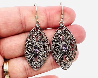 Vintage Sterling Silver Filigree Amethyst Dangle Earrings