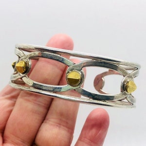 Wide Sterling Silver Modernist Cuff Bracelet Brass Spikes 37gm Fine Vintage Designer Jewelry