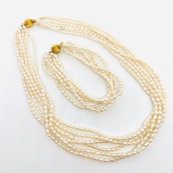 Multi Strand Freshwater Pearl Necklace & Bracelet… - image 1