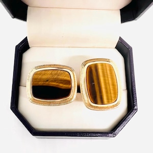 KREMENTZ Gold Filled Tigers Eye Gemstone Cuff Links Cufflinks Fine Vintage Jewelry Suit Accessories
