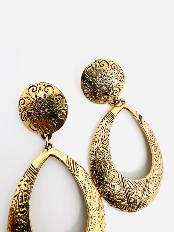 Long Embossed Gold Tone Drop Dangle Earrings 3 In… - image 6