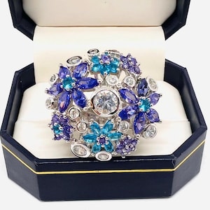 ENORMOUS Sterling Silver Multicolored Stones Statement Ring Sz 7 Fine Vintage Designer Jewelry
