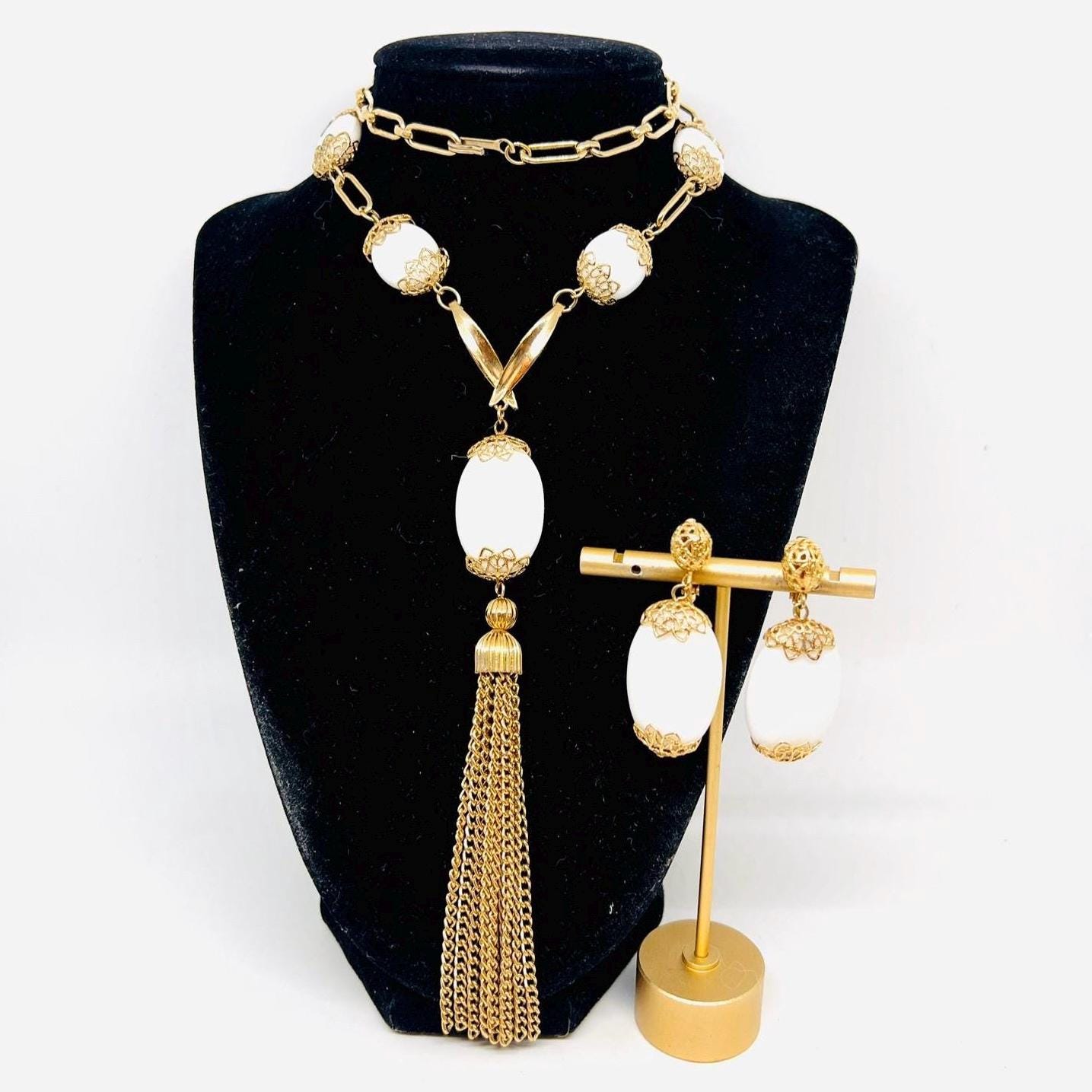 Long White Milk Glass Filigree Tassel Necklace & Earrings Demi