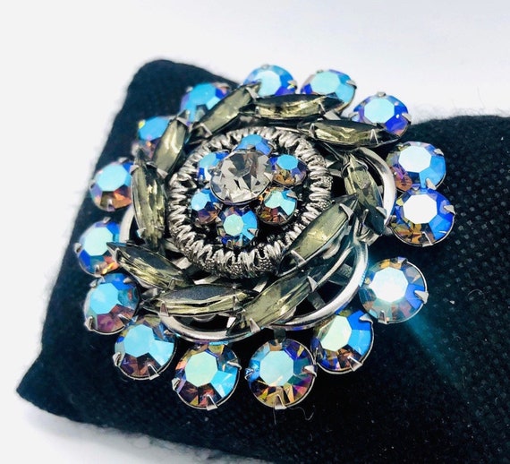 Beautiful Smoky Topaz & Blue AB Rhinestone Brooch… - image 1