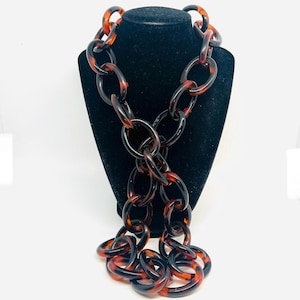 ENORMOUS Chunky Lucite Faux Tortoiseshell Link Necklace 40 Inch Vintage Jewelry