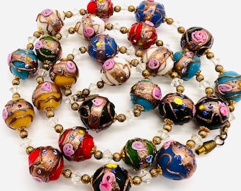 Venetian Murano Wedding Cake Glass Beaded Necklace 30in 25 Beads Vintage Jewelry