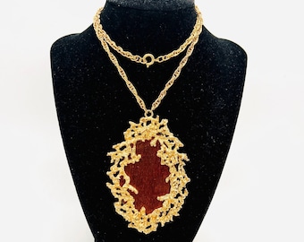 NAPIER Eugene Bertolli Sculpted Coral Necklace Copper Tone Disc Vintage Designer Jewelry