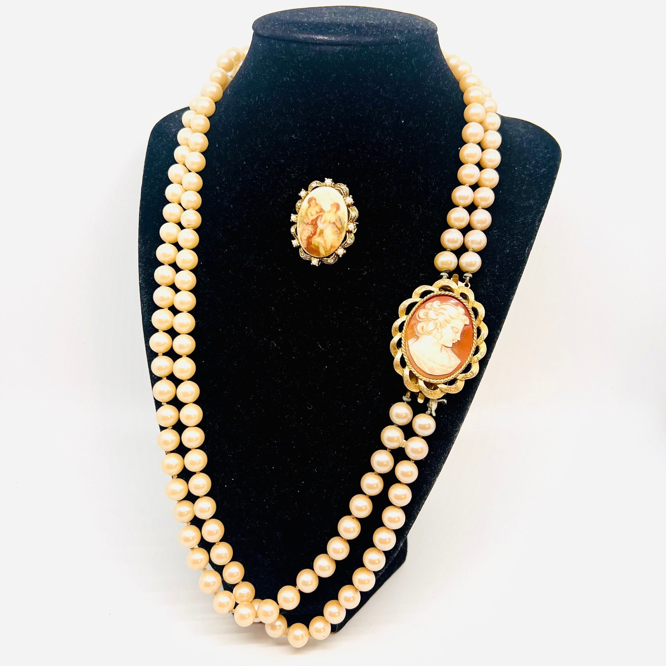 PANETTA Faux Pearl & Interchangeable Cameo Necklace Signed Vintage 