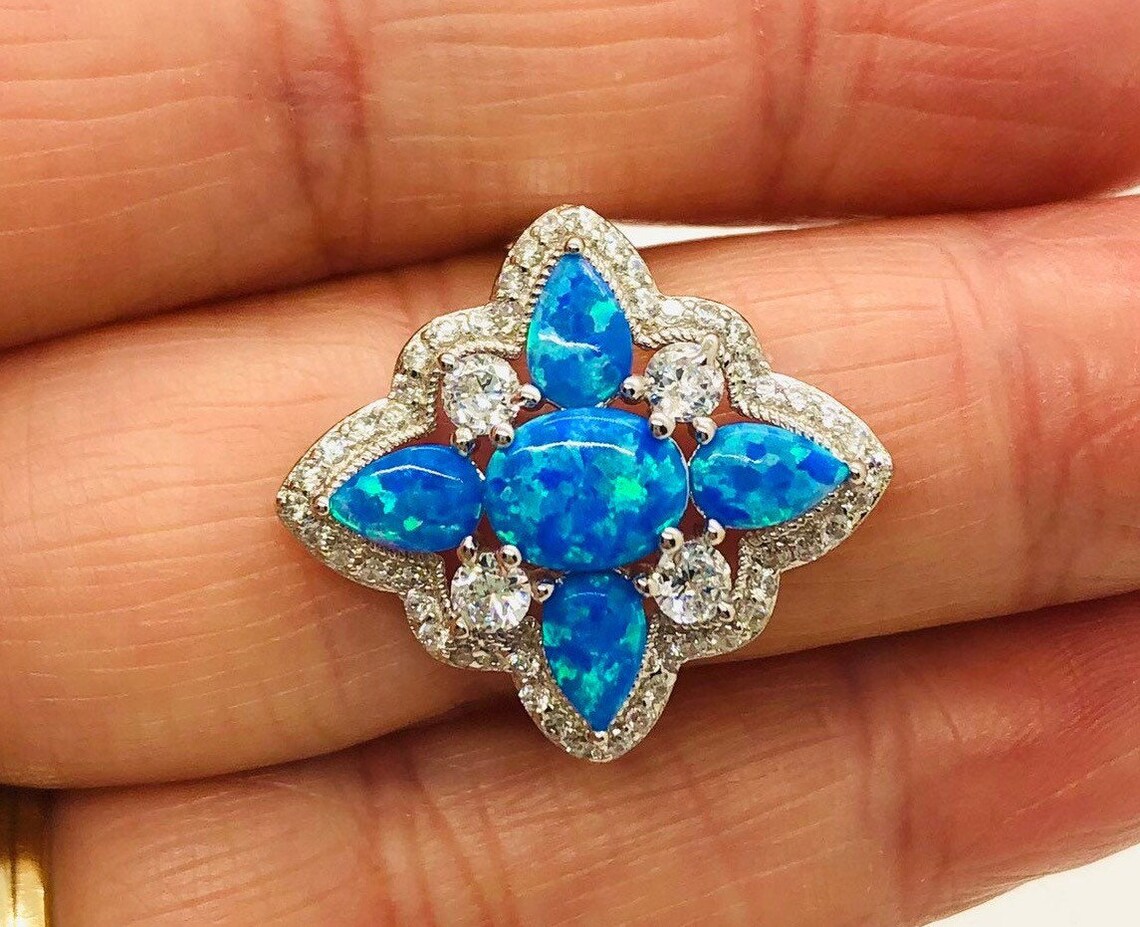 Large Sterling Silver Opal & White Topaz Cross Ring Gemstone | Etsy