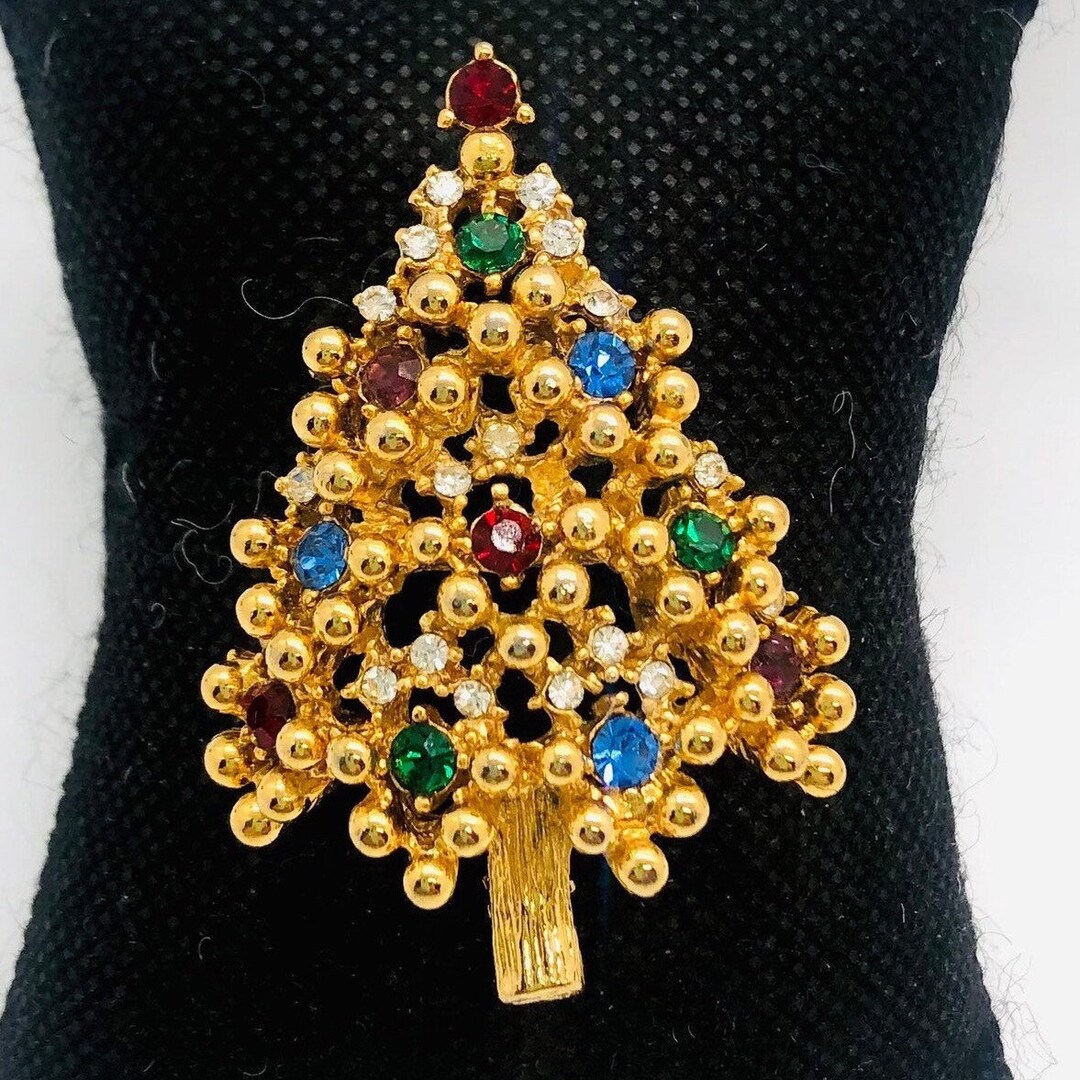 EISENBERG Christmas Tree Brooch Rhinestones Gold Balls