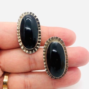 Large TAXCO Mexico Sterling Silver Onyx Modernist Earrings 20gm Fine Vintage Designer Jewelry