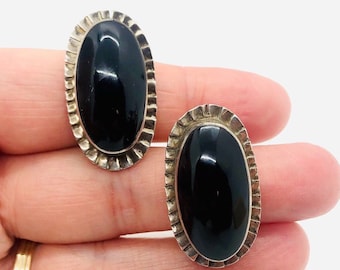 Large TAXCO Mexico Sterling Silver Onyx Modernist Earrings 20gm Fine Vintage Designer Jewelry
