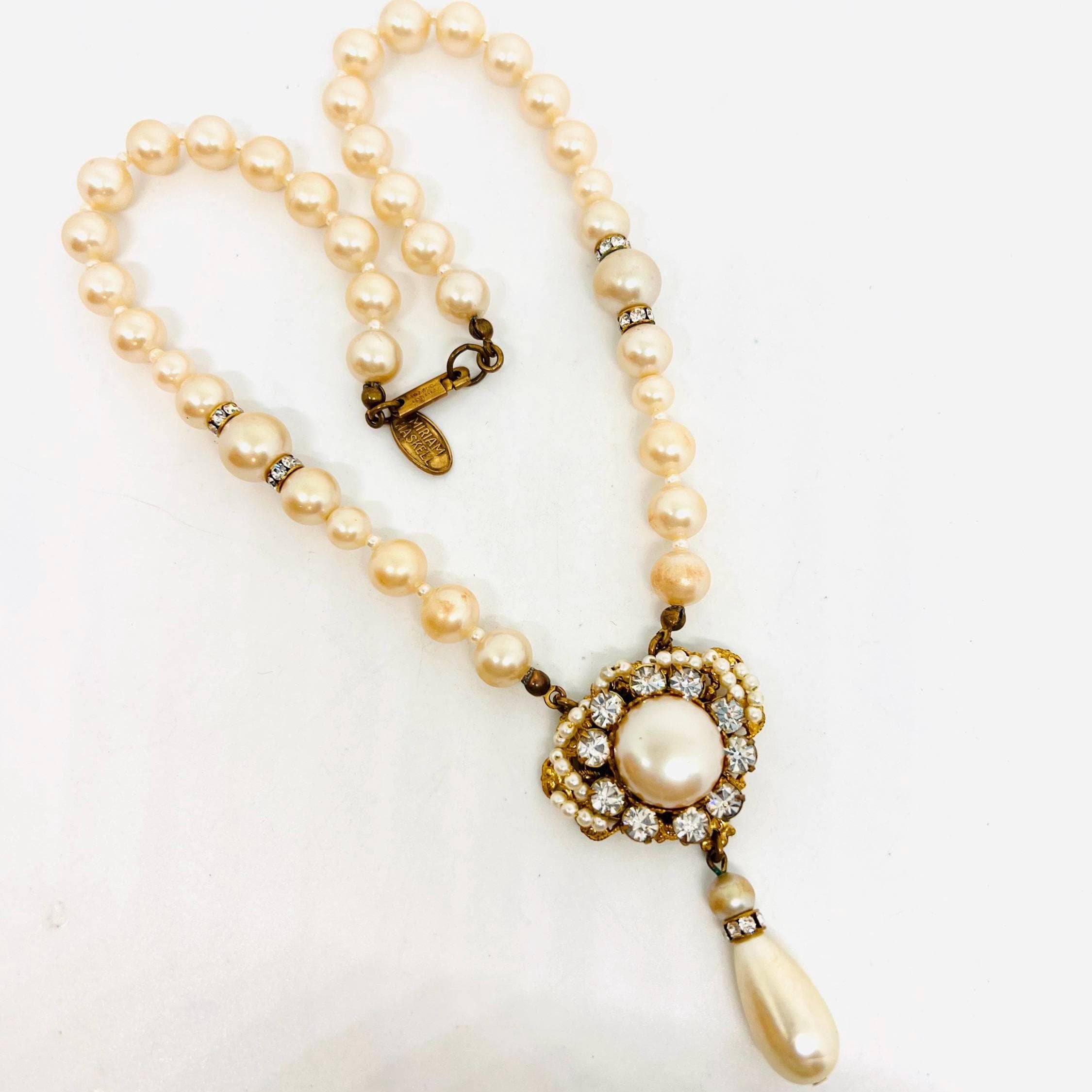MIRIAM HASKELL Faux Pearl & Rhinestone Beaded Necklace Signed
