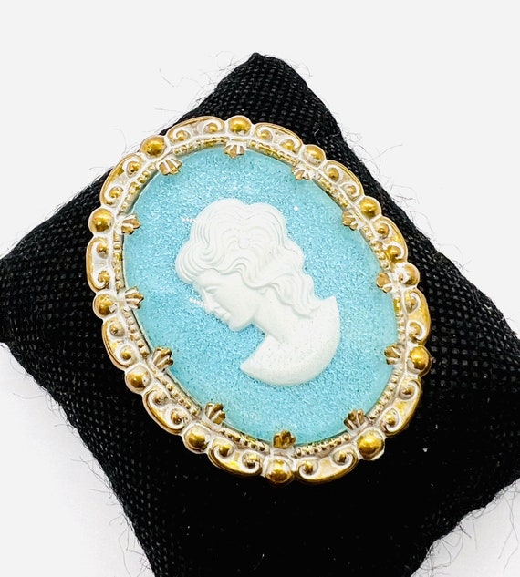 WEST GERMANY White & Blue LUCITE Cameo Brooch Sig… - image 3