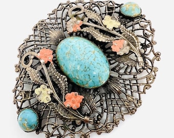 Large Czech Hubbell Glass Ornate Filigree & Enamel Brooch Vintage Jewelry