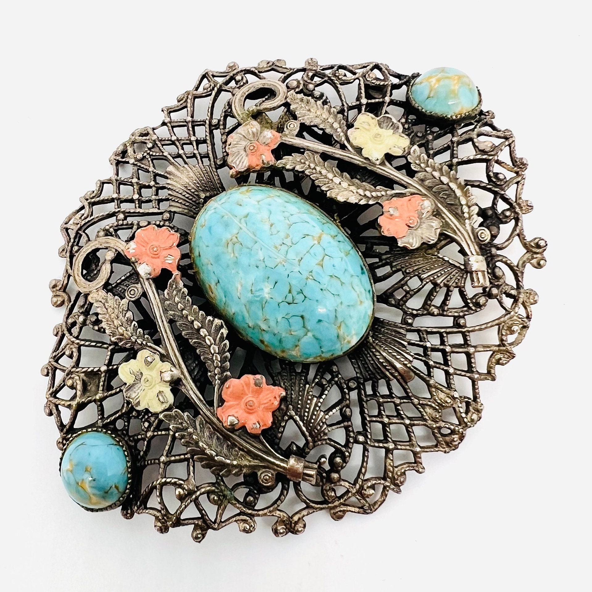 Large Czech Hubbell Glass Ornate Filigree & Enamel Brooch Vintage
