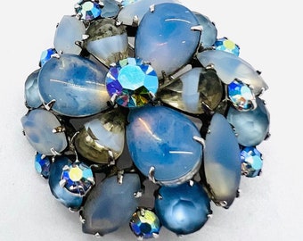 Blue Givre Glass Multi Layered Rhinestone Brooch Dome Shape Vintage Designer Jewelry