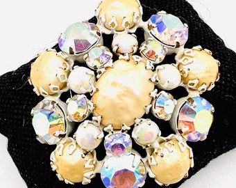 REGENCY Enamel Faux Baroque Pearl & Rhinestone Brooch Signed Vintage Designer Jewelry