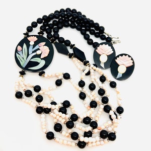 LEE SANDS Inlaid Shell & Multi Strand Necklace Earrings Vintage Designer Jewelry