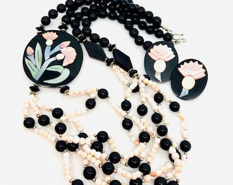LEE SANDS Inlaid Shell & Multi Strand Necklace Earrings Vintage Designer Jewelry