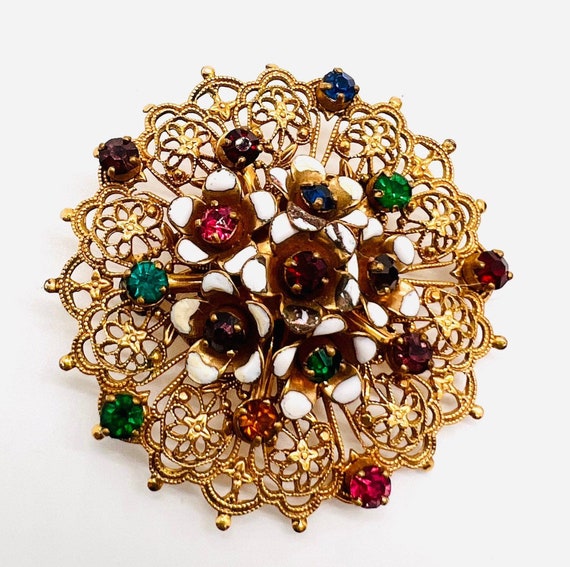 Large 12k Gold Filled Enameled Rhinestone Brooch … - image 7