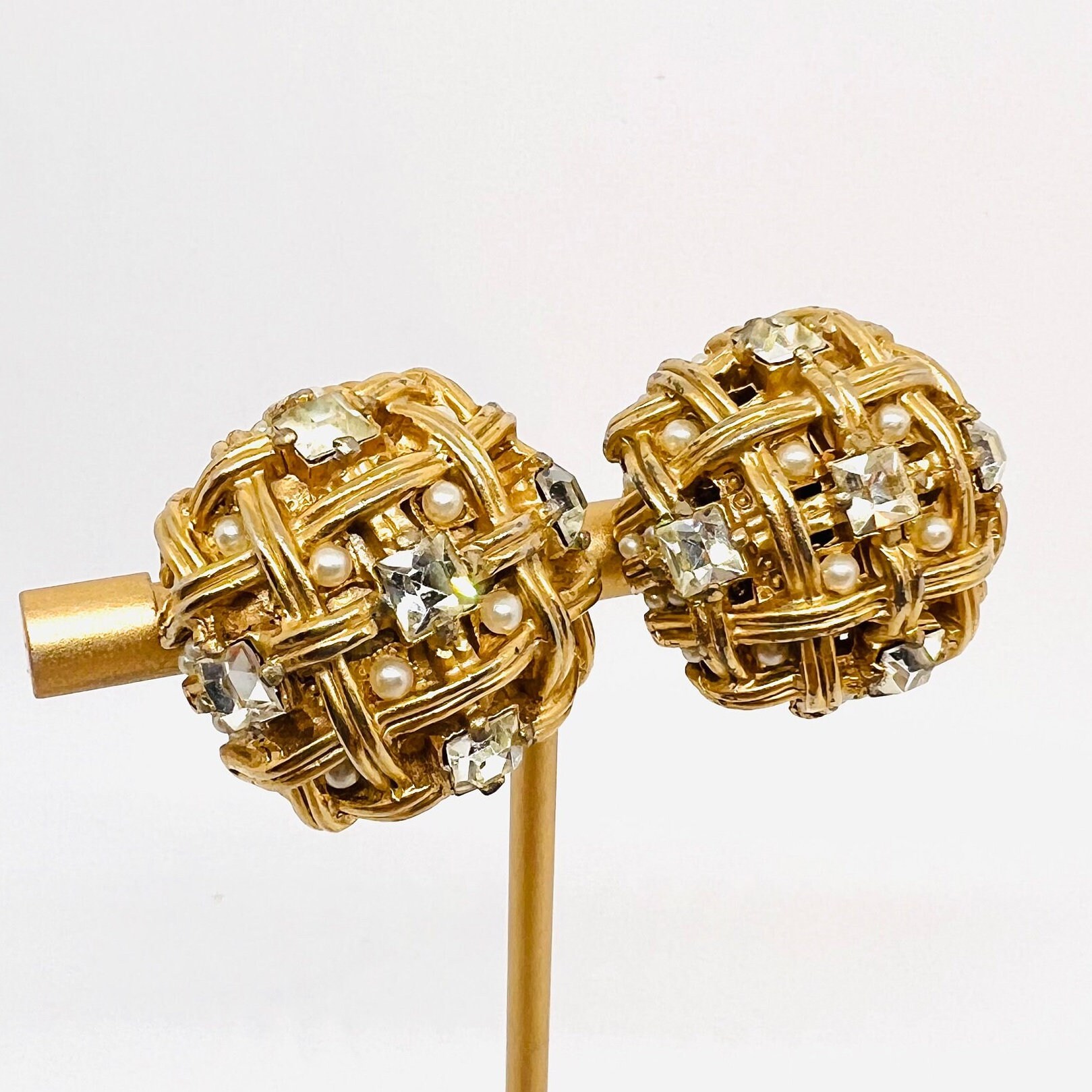 BELLINI Domed Clear Rhinestone & Faux Pearl Earrings Signed