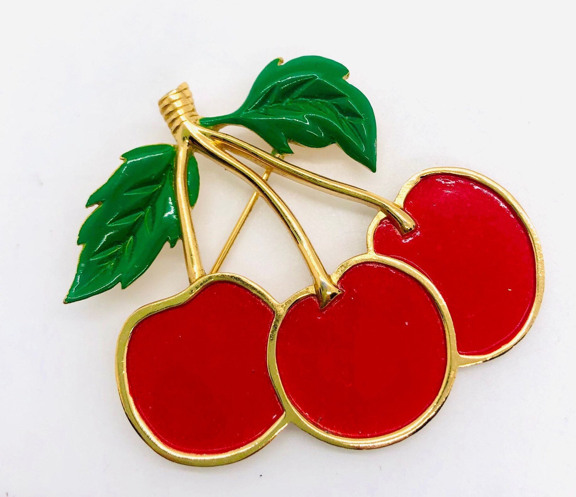 Large TRIFARI Enameled Triple CHERRIES Brooch Signed Vintage