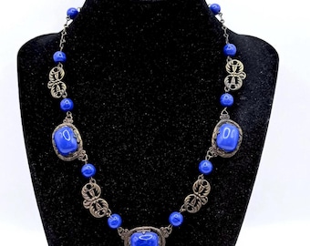 Art Deco Czech Ornate Deep Blue Glass Beaded  Necklace Signed  Vintage Antique Jewelry