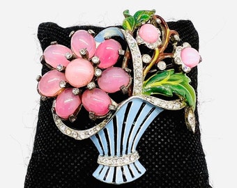 Large Pink Moonstone Glass Cabachon Enamel Flower Basket Brooch Vintage Antique Jewelry