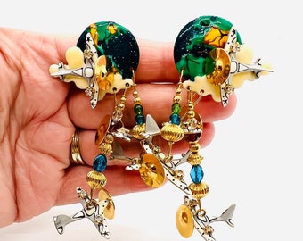 Lunch at The Ritz World Traveler Earrings Clips 3 1/2” Signed Vintage Designer Jewelry