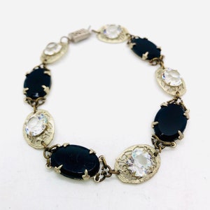 Art Deco Crystal & Onyx Glass Bracelet Ornate Rhodium Filigree Vintage Jewelry