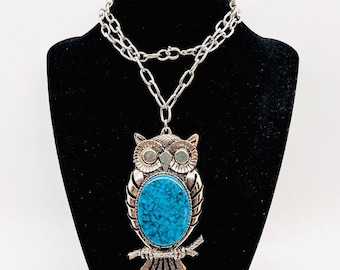 Large Faux Turquoise Owl Necklace Silver Tone 3 1/2 Inch Pendant Vintage Designer Jewelry