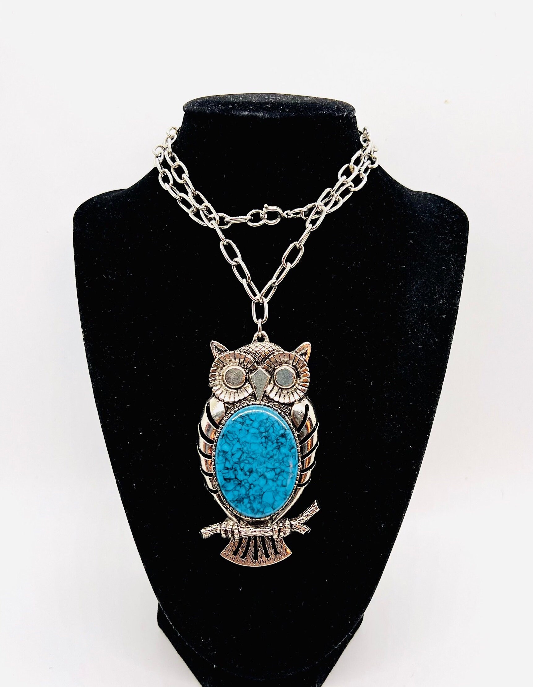 Large Faux Turquoise Owl Necklace Silver Tone 3 1/2 Inch Pendant Vintage Designer Jewelry