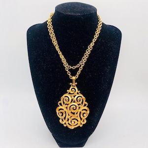 Large TRIFARI Scrolling Necklace Trifarium Gold Tone Signed Vintage Designer Jewelry