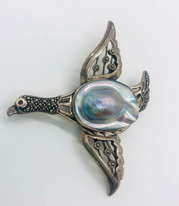 Large Sterling Silver Marcasites & BLISTER PEARL … - image 4