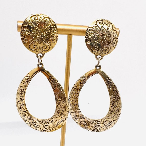 Long Embossed Gold Tone Drop Dangle Earrings 3 In… - image 4