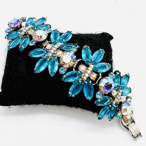 Wide JULIANA Delizza & Elster Cornflower Blue Rhinestone Bracelet Small Wrist Vintage Designer Jewelry shops