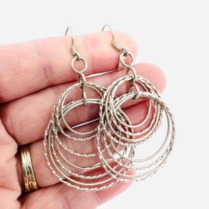 Long Taxco Sterling Silver Interlocking Rings Drop Dangle Earrings 10.6gm Fine Vintage Jewelry