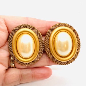 BIG  Faux Pearl & Gold Tone Mesh Statement Earrings Posts Vintage Designer Jewelry