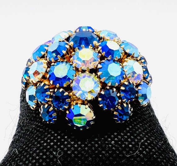 Large WARNER Domed Peacock Blue AB Rhinestone Bro… - image 2