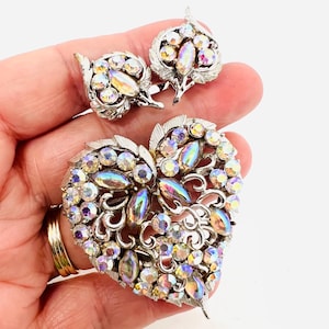 Unusual CORO Witches Heart AB Rhinestone Brooch Earrings Signed Vintage Designer Jewelry