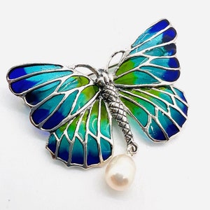 Sterling Silver Plique A Jour & Pearl Drop Butterfly Brooch 7.4g Gemstone Fine Vintage Designer Jewelry