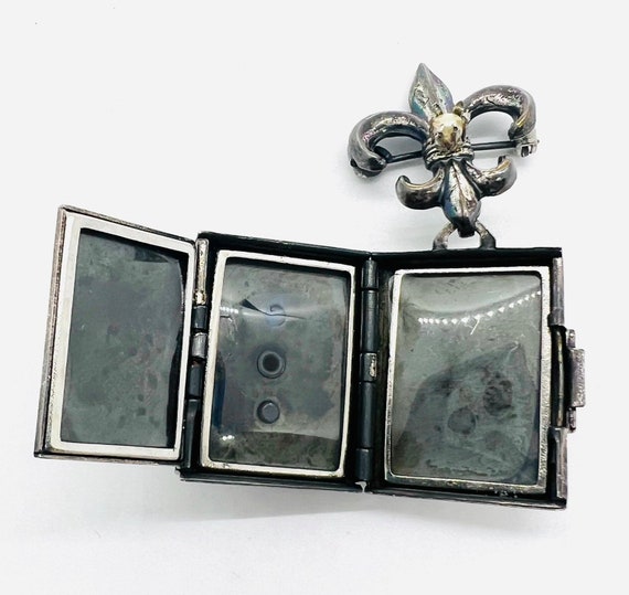 CORO Silver 3 Picture Folding Locket Brooch Fleur… - image 8