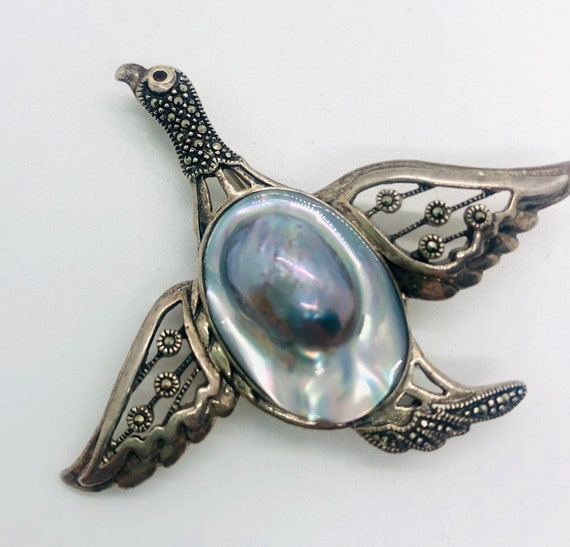 Large Sterling Silver Marcasites & BLISTER PEARL … - image 3