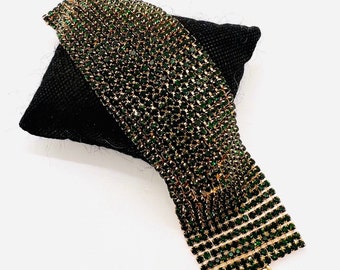 Wide Shimmering Jewel Tone Green Rhinestone Bracelet 14 Rows Vintage Designer Jewelry
