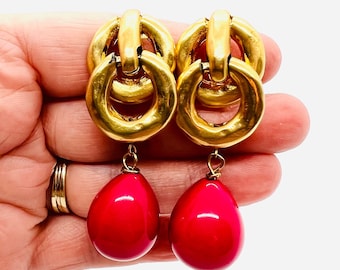 Large LES BERNARD Bright Pink Beaded Drop Dangle Earrings Signed Vintage Designer Jewelry